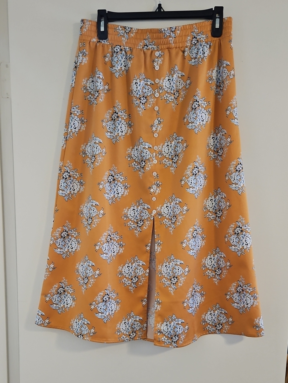 LOFT Mustard Floral Button-Front A-Line Midi Skirt